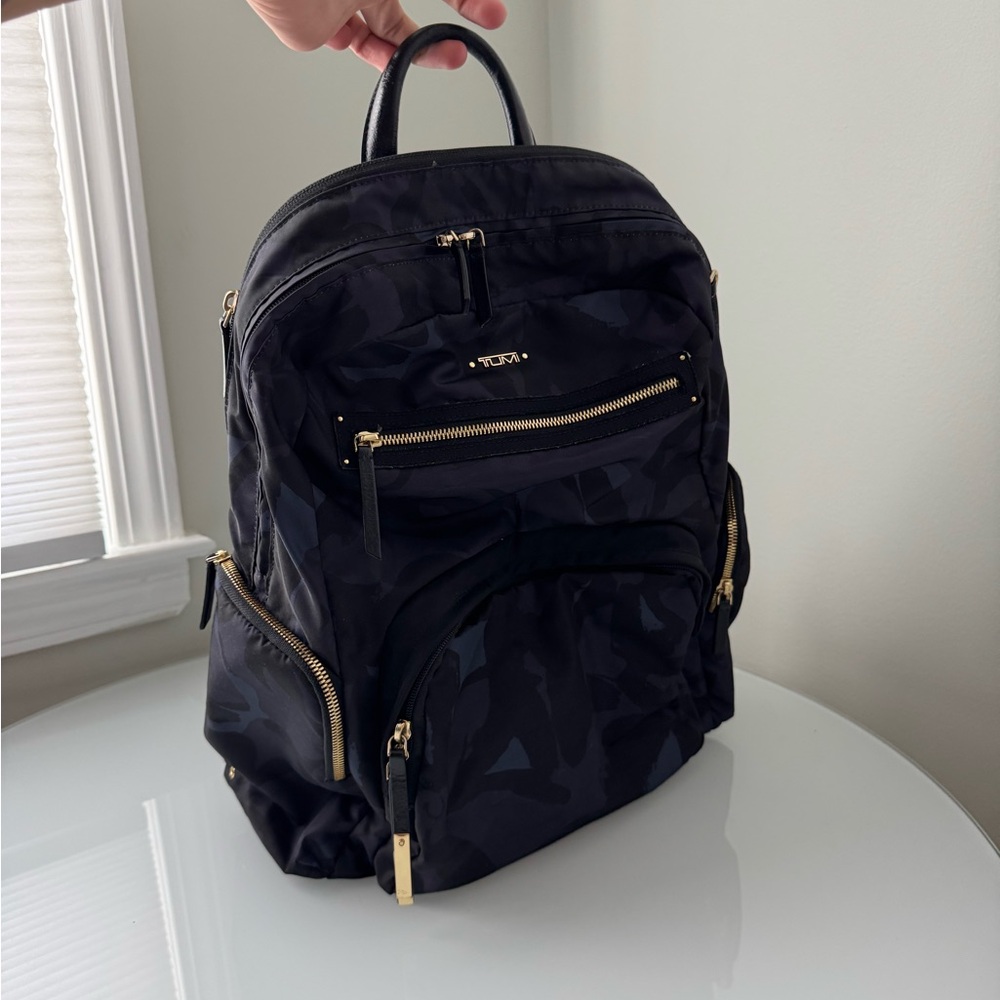 TUMI Backpack Black Camo Nylon Gold Hardware Blue Purple Accents GUC
